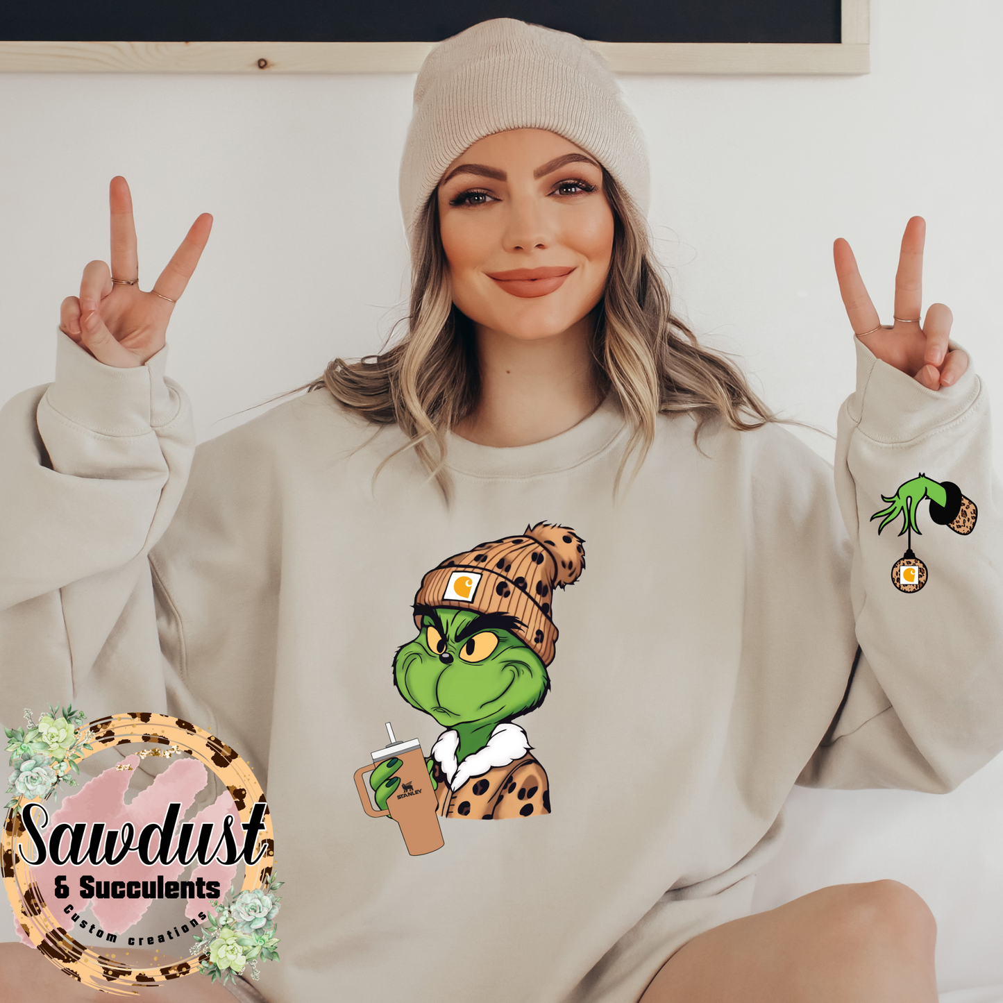 Grinch Beanie Stanley Graphic Crew Sweater With matching Sleeve