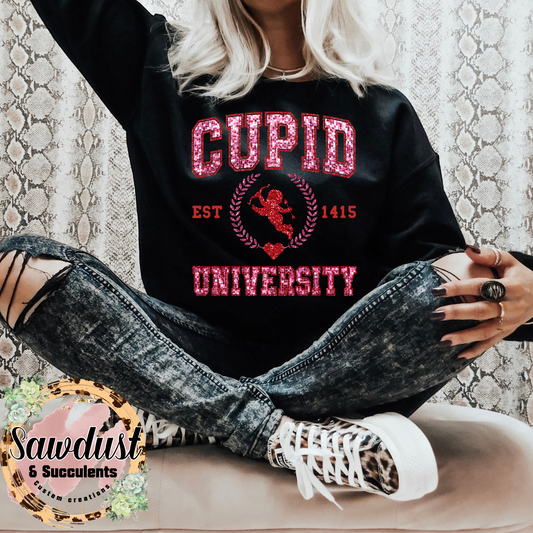 Faux Sequin Cupid University Graphic Crew Sweater