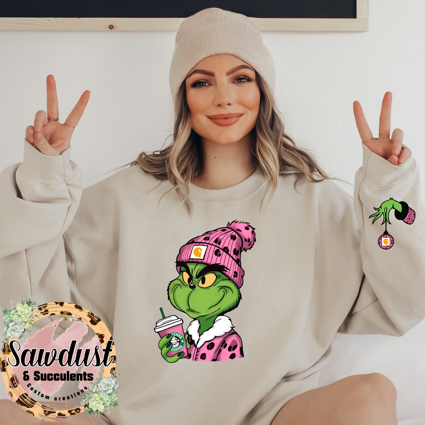 Grinch Beanie Grinches Coffee Graphic Crew Sweater With match Sleeve