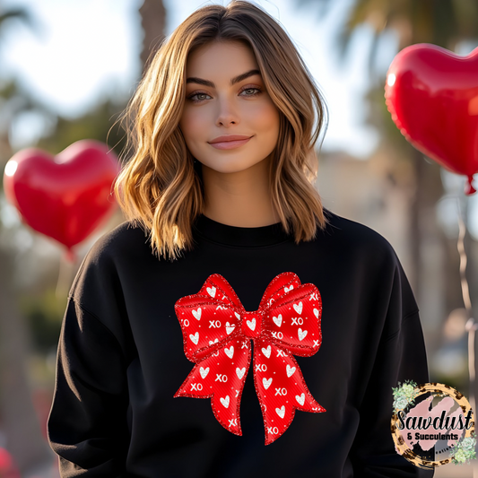 FAUX glitter coquette Valentine’s bow Graphic Crew Sweater