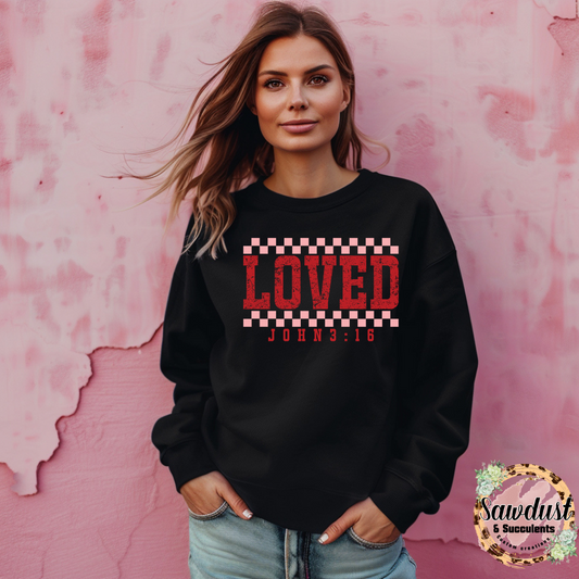 Checkered Loved John 3:16 Graphic Crew Sweater