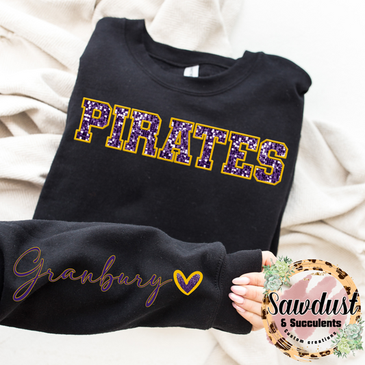 Granbury High School Pirates FAUX Embroidery FAUX Glitter Spirit Wear
