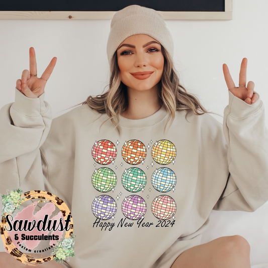 Disco Ball Happy New Year 2024 Graphic Crew Sweater