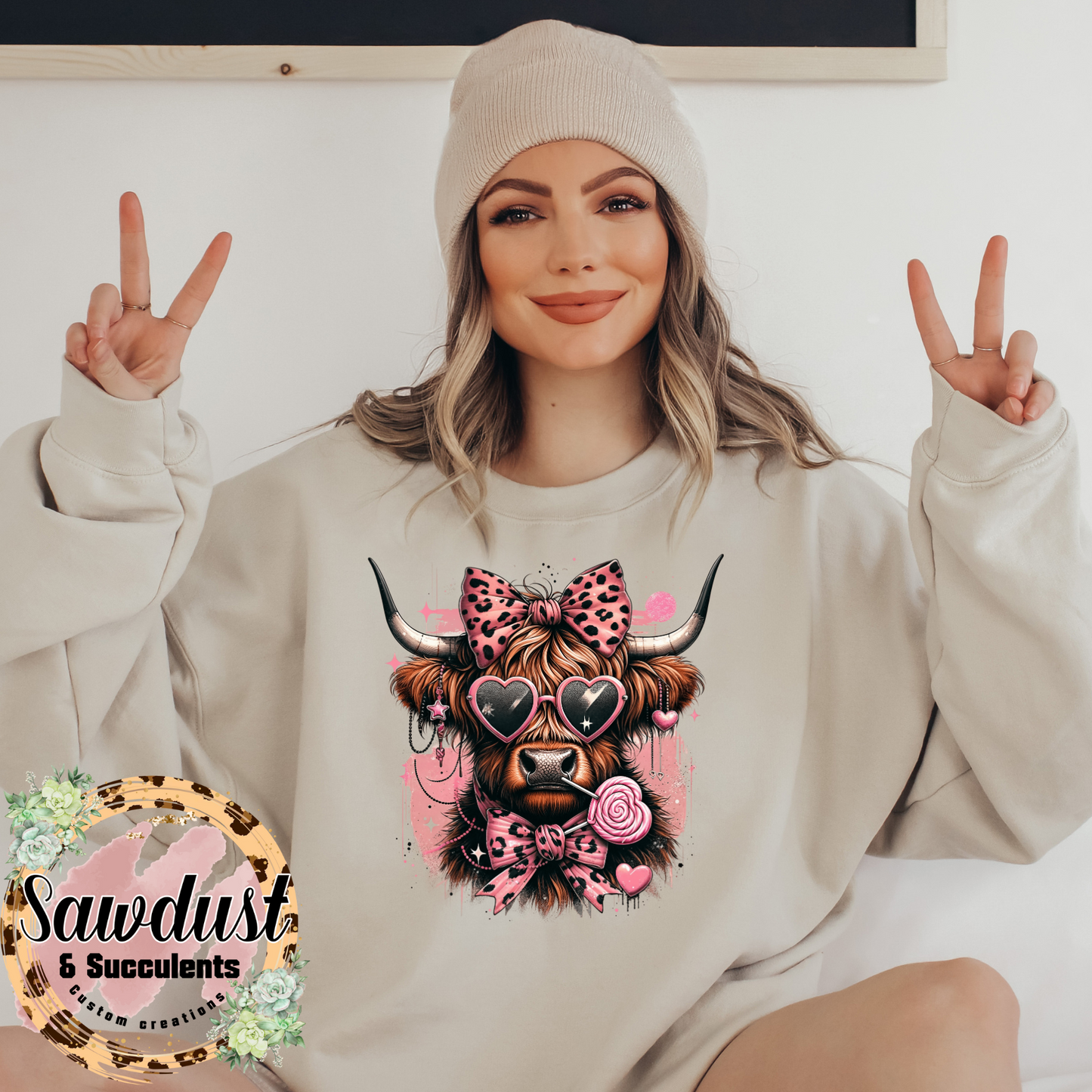 Pink Leopard Valentine Cow Graphic Crew Sweater