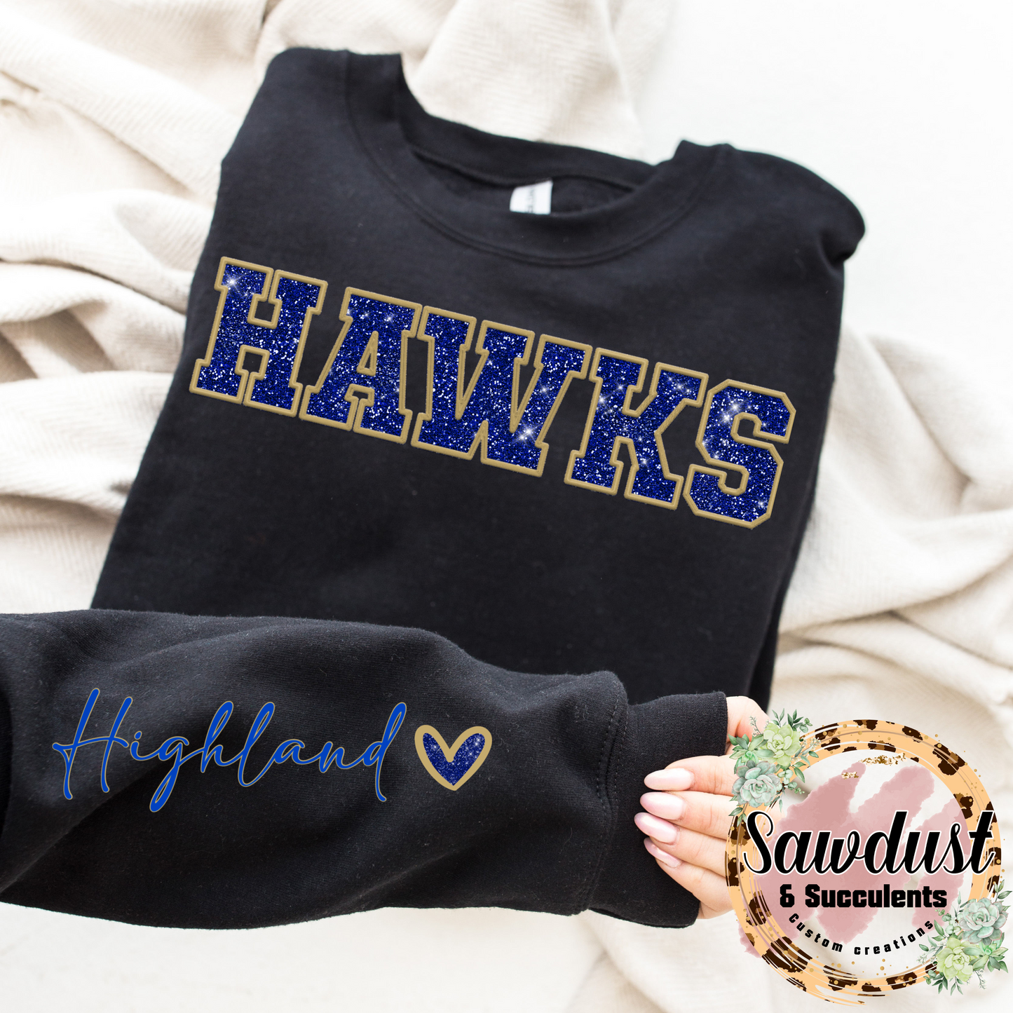 Highland Hawks FAUX Embroidery FAUX glitter Spirit Wear