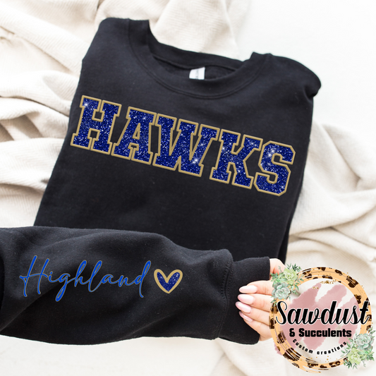 Highland Hawks FAUX Embroidery FAUX glitter Spirit Wear