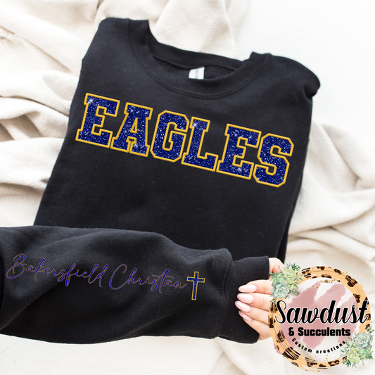 Bakersfield Christian High School Eagles FAUX Embroidery FAUX Glitter Spirit Wear