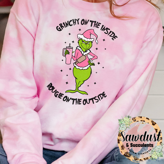 Grinchy On The Inside Bougie on the outside Pink Tie-Dye Graphic Crew Sweater